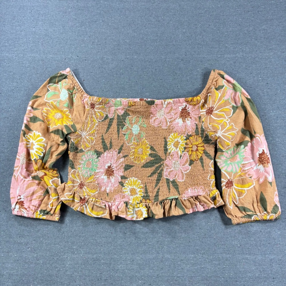 Roxy Crop Top Women Large Tan Floral Smocked Off Shoulder Ruffle Hem Long Sleeve - Picture 2 of 7